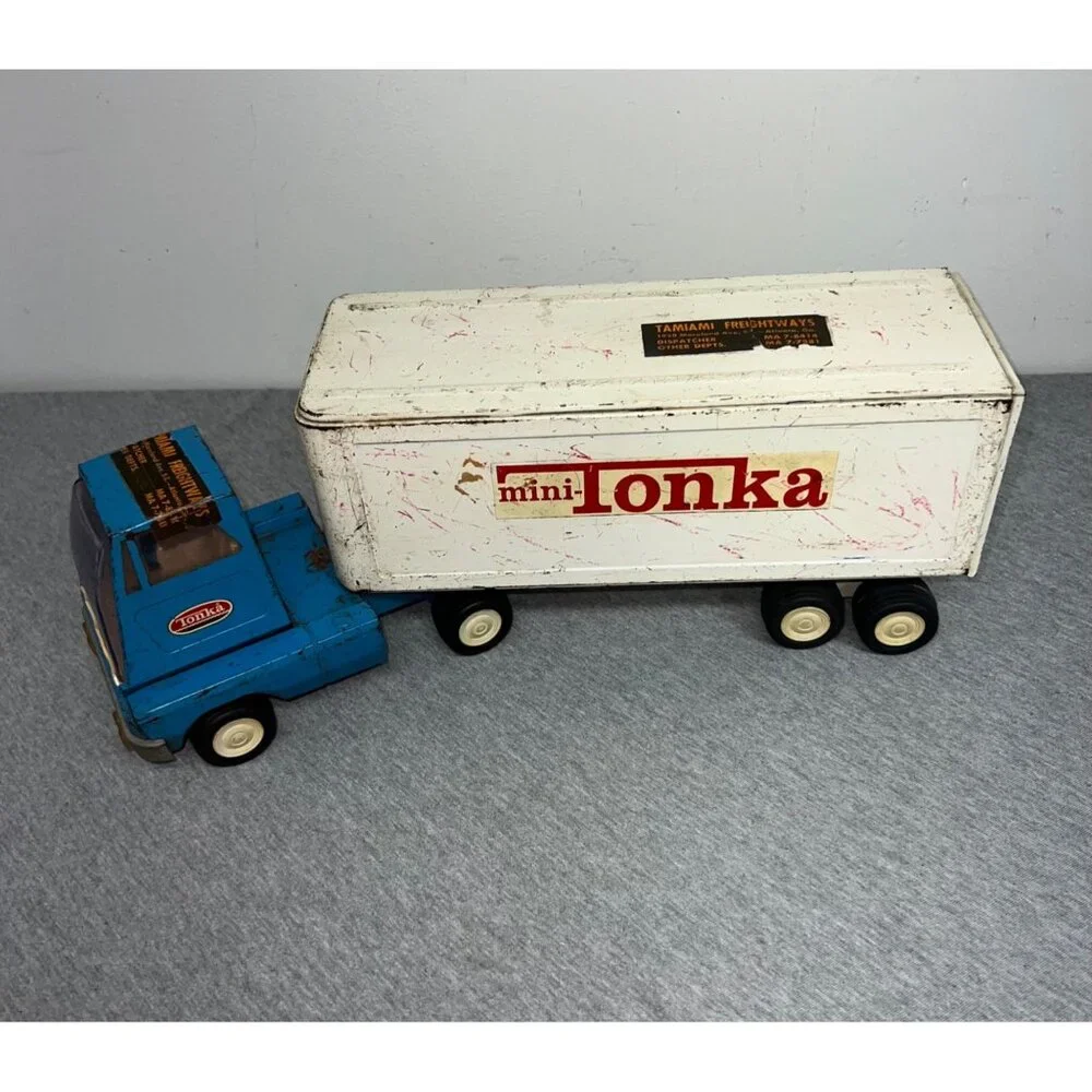 Vintage Mini Tonka Blue Semi Truck & White‎ Trailer Metal Toy Collectible